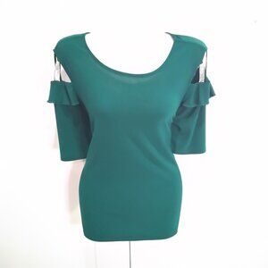 89th + MADISON Green Rhinestone Latice Short Sleeve Pullover Stretch Top GUC S/P